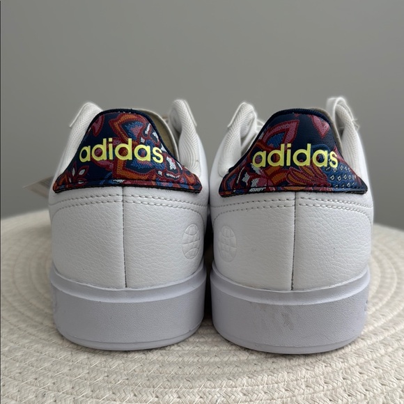Adidas White Sneakers with Navy and Multicolor Stripes size 6.5 - Picture 3 of 4